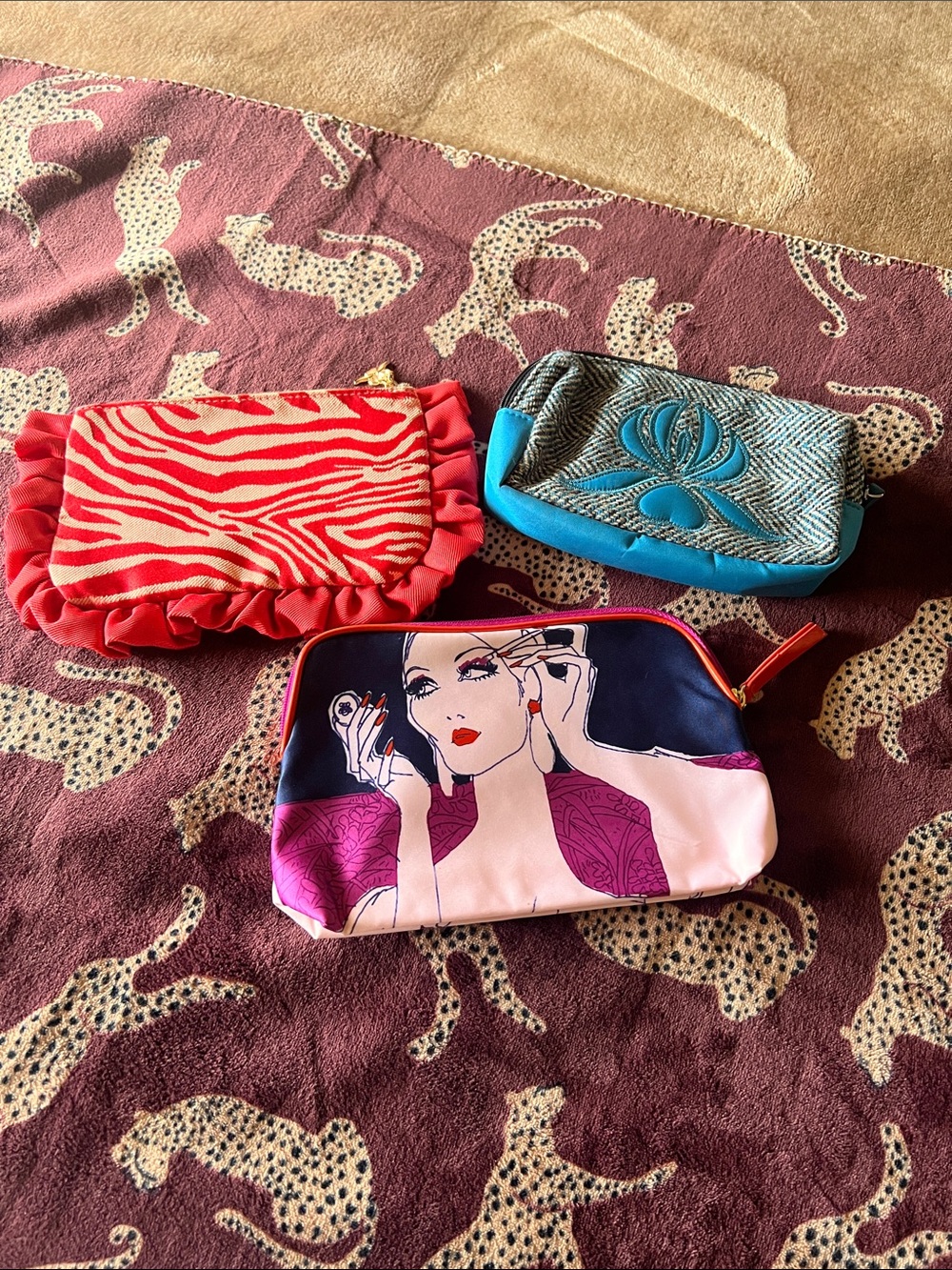 Stylish Pink & Coral Cosmetic Pouch Set - Graphic Print